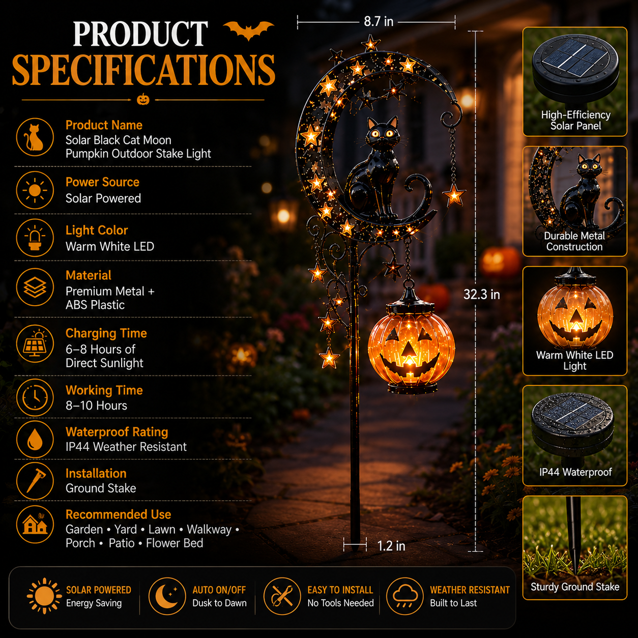 🔥🎃 Solar Black Cat Moon Pumpkin Outdoor Stake Light Transform Your Yard Into A Magical Halloween Wonderland