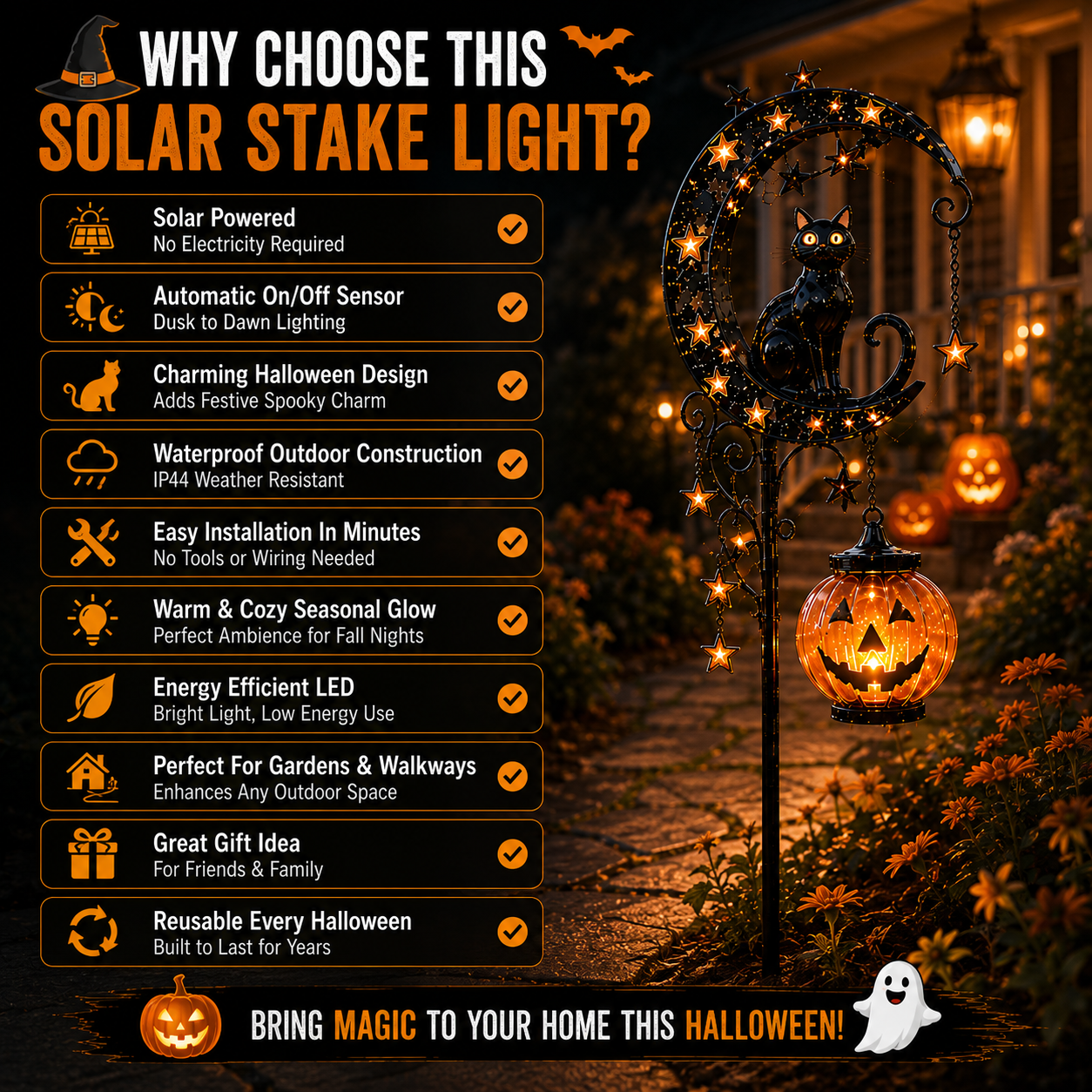 🔥🎃 Solar Black Cat Moon Pumpkin Outdoor Stake Light Transform Your Yard Into A Magical Halloween Wonderland