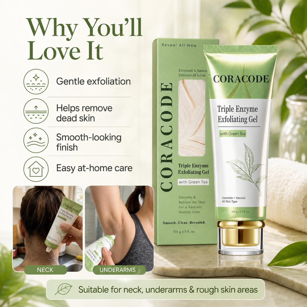 🌿 Coracode Triple Enzyme Exfoliating Gel – Gentle Body Exfoliator