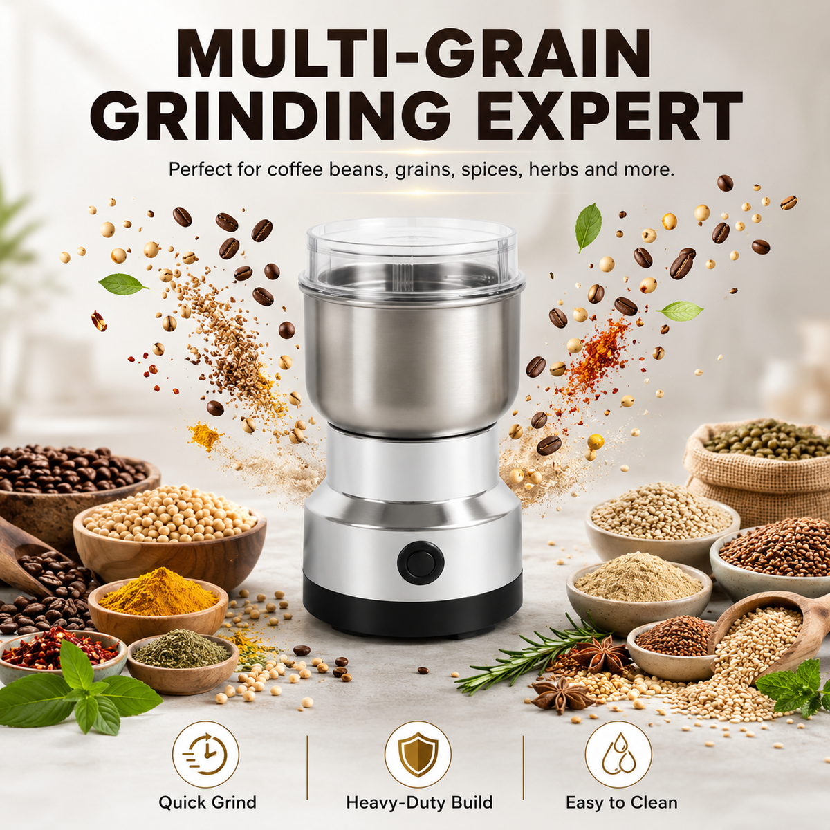 ⚙️ Stainless Steel Grain Grinder – High-Speed Electric Mill, Fine Powder in Seconds