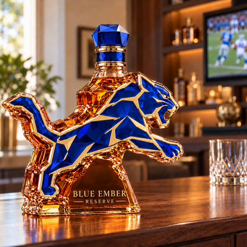 🦁 Roaring Royal Lion Collector Bottle – Blue & Gold Sculpted Bar Display with Crown Detail & Gift Box 👑