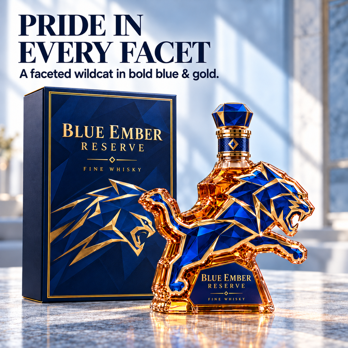 🦁 Roaring Royal Lion Collector Bottle – Blue & Gold Sculpted Bar Display with Crown Detail & Gift Box 👑