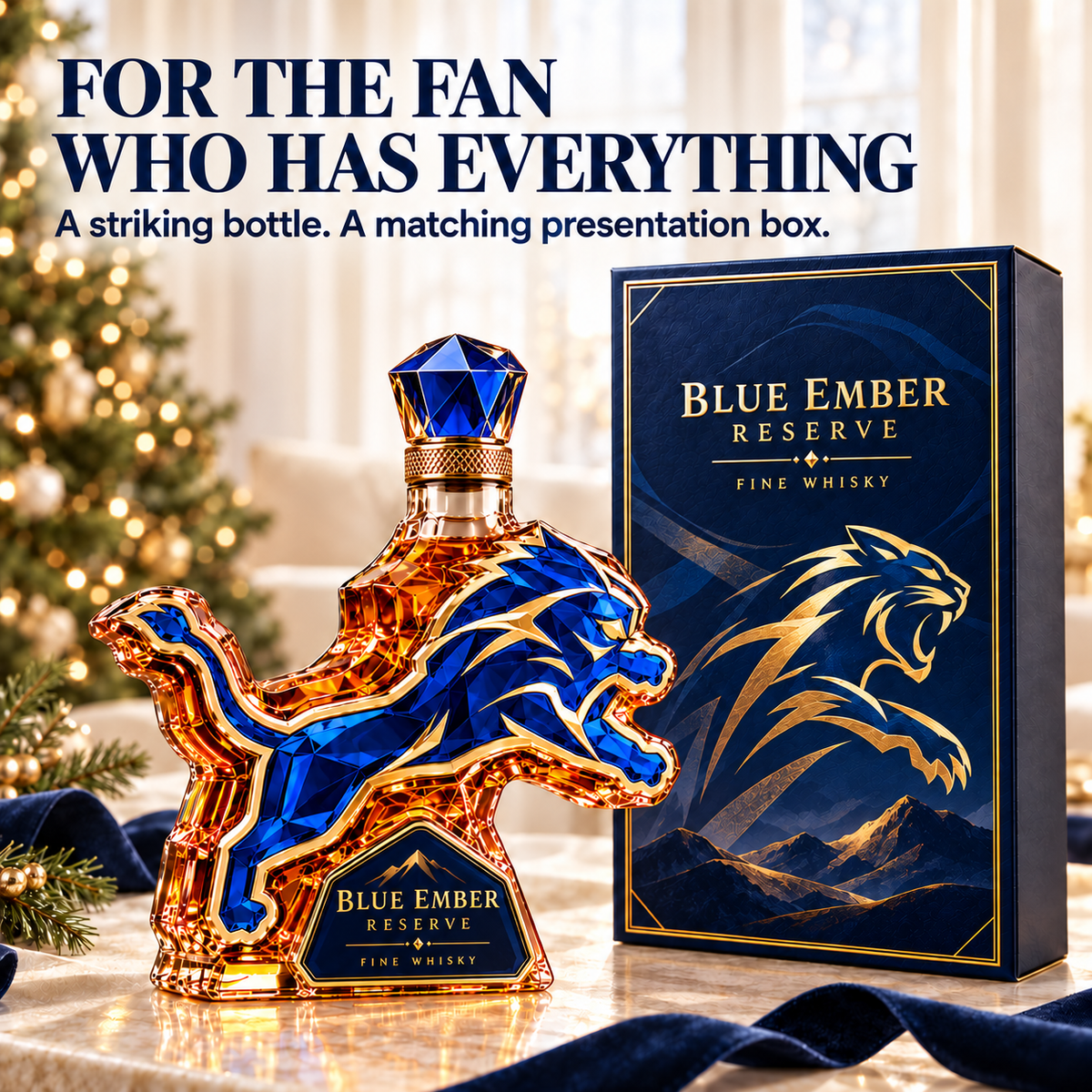 🦁 Roaring Royal Lion Collector Bottle – Blue & Gold Sculpted Bar Display with Crown Detail & Gift Box 👑