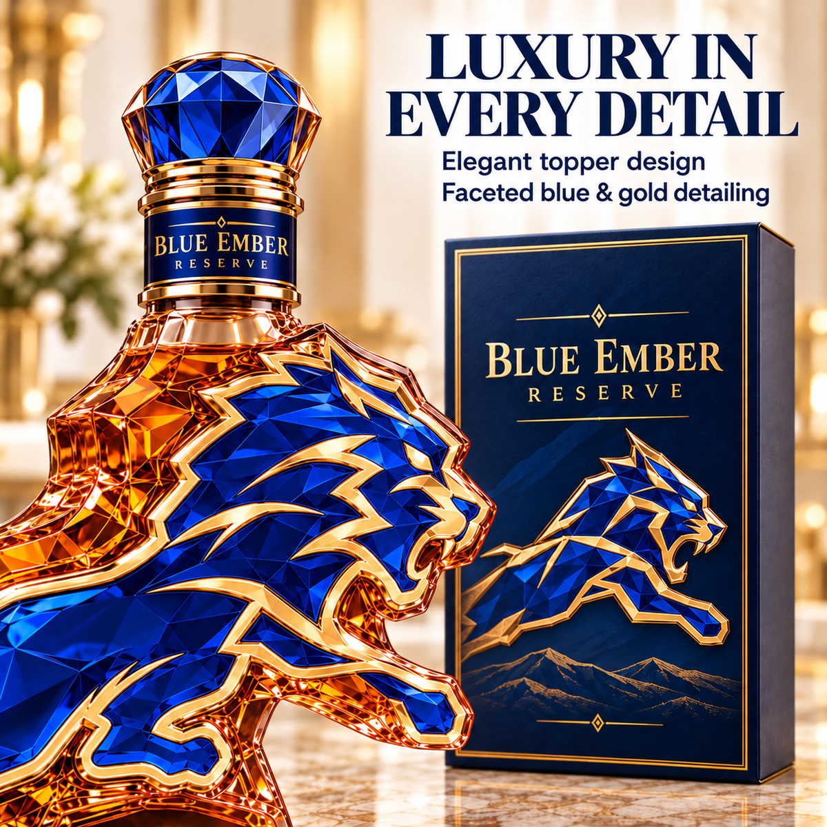 🦁 Roaring Royal Lion Collector Bottle – Blue & Gold Sculpted Bar Display with Crown Detail & Gift Box 👑