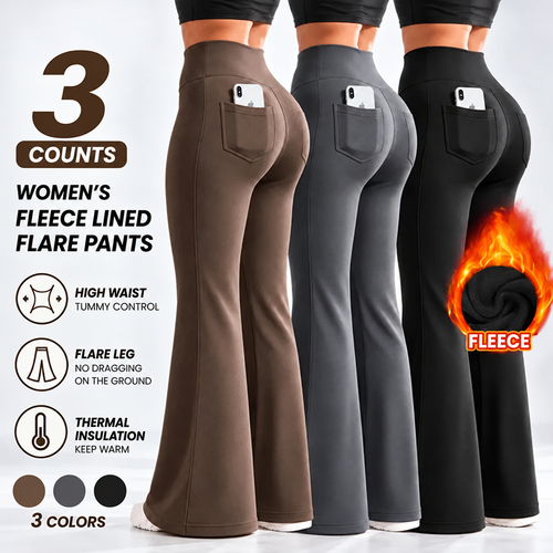 🔥 Women’s Fleece-Lined Flare Leggings with Pockets – High-Waisted Thermal Bell Bottom Pants