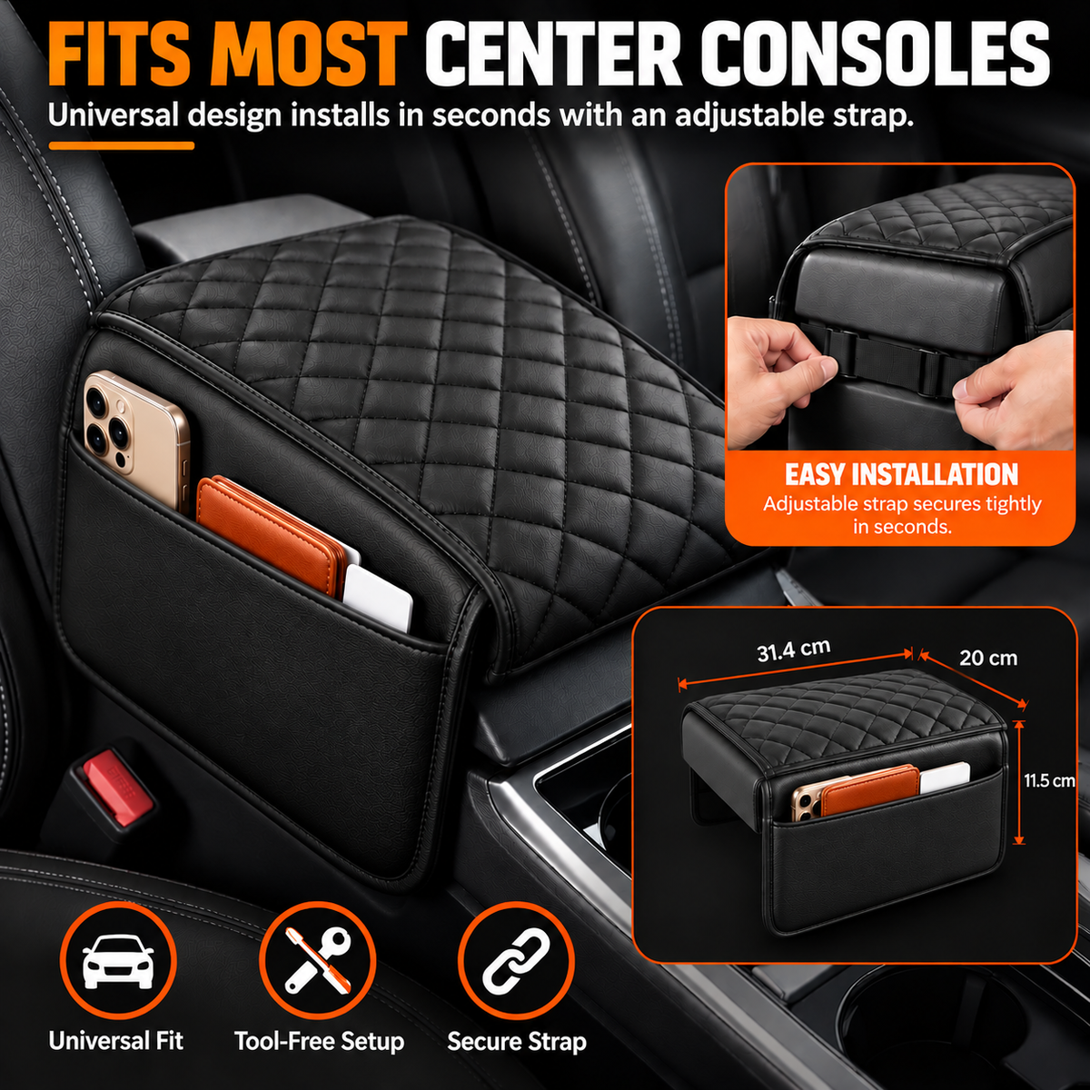 🚘 Car Center Console Armrest Riser – Padded Cushion with Side Storage & Non-Slip Base