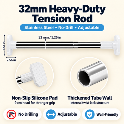💪 50% OFF 32mm Heavy-Duty Adjustable Tension Rod – No-Drill Stainless Steel