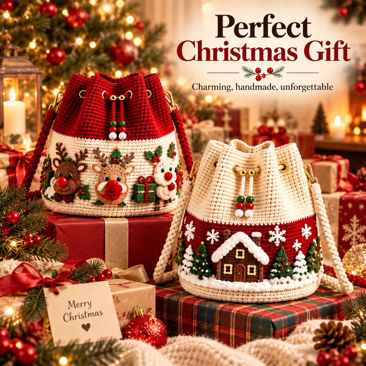🔥 50% OFF Christmas Crochet Bucket Bag 🎄 Festive Holiday Purse