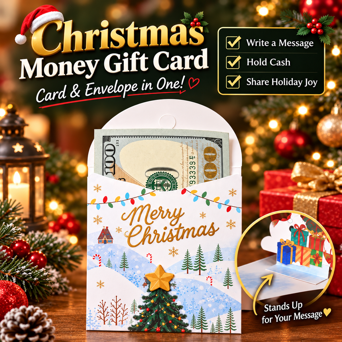 🎁3D Christmas Money Gift Card, Pop Up Holiday Card with Cash Envelope, Creative Christmas Greeting Card for Kids, Family & Loved Ones💵