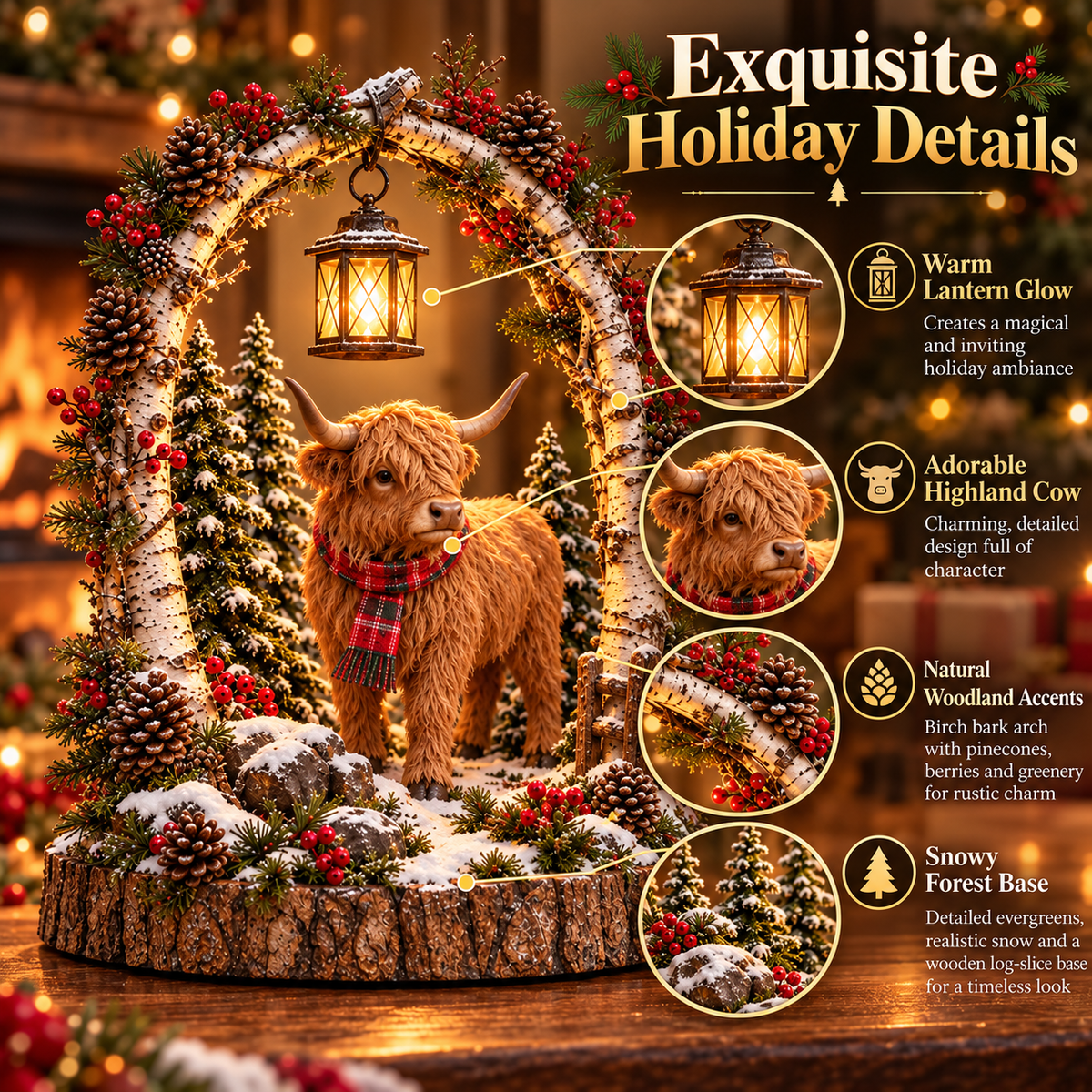 🐮🎄 Highland Cow Christmas Lantern – Cozy Woodland Holiday Décor