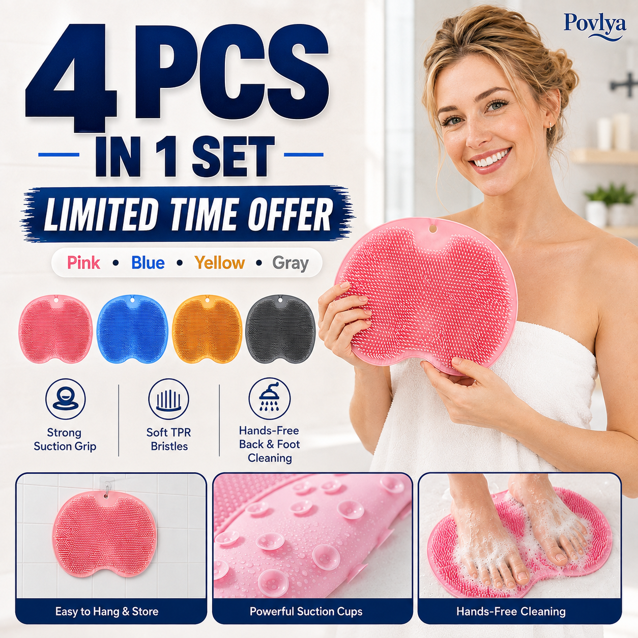 🔥 50% OFF 4-Pack Silicone Shower Scrubber Mats – Hands-Free Back & Foot Cleaning