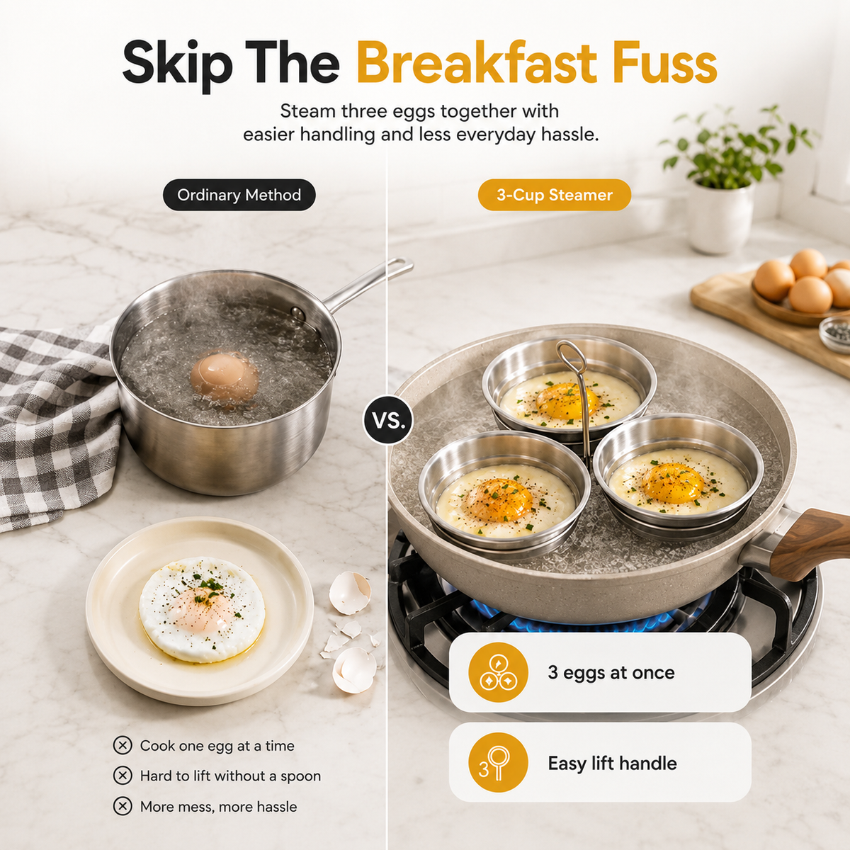 🍳 50% OFF 3-Cup Stainless Steel Egg Steamer – Easy Breakfast Egg Cooker