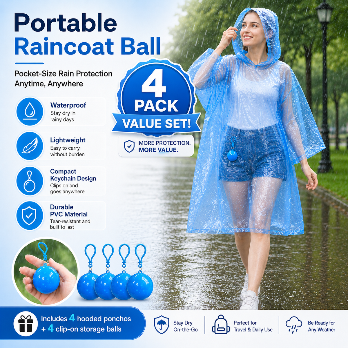 🌧️ 49% OFF 4-Pack Portable Raincoat Balls 🎒 Clip-On Emergency Poncho Set