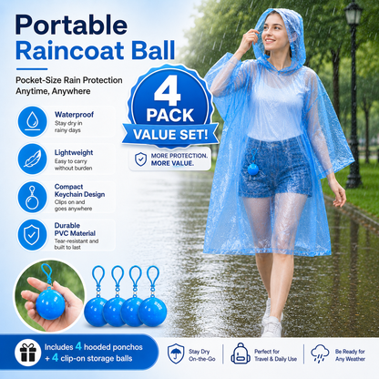 🌧️ 49% OFF 4-Pack Portable Raincoat Balls 🎒 Clip-On Emergency Poncho Set