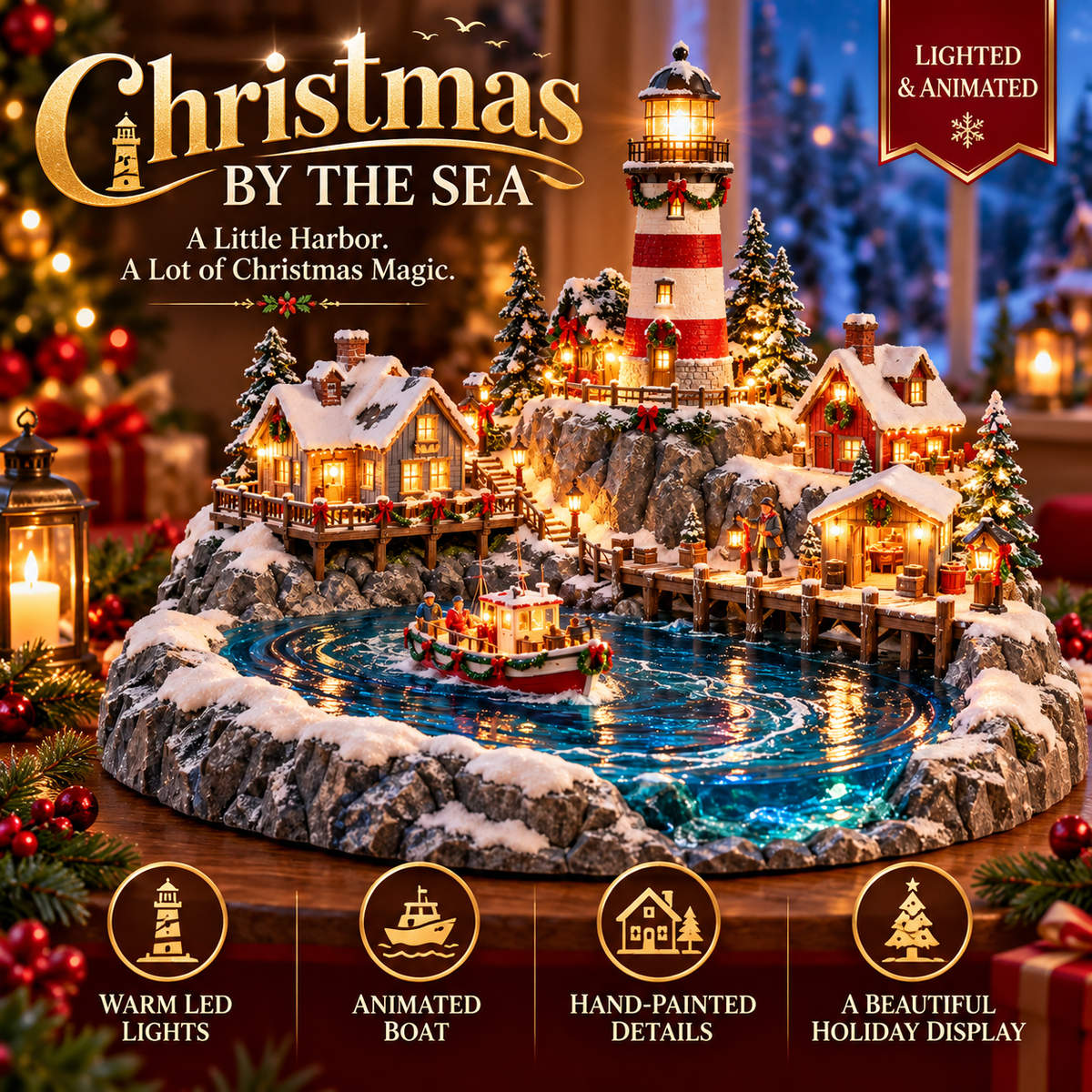 🎄 Lighted Christmas Lighthouse Village – Illuminated Coastal Holiday Decor with Snowy Cottages, Fishing Boat & Warm Christmas Glow ⚓✨