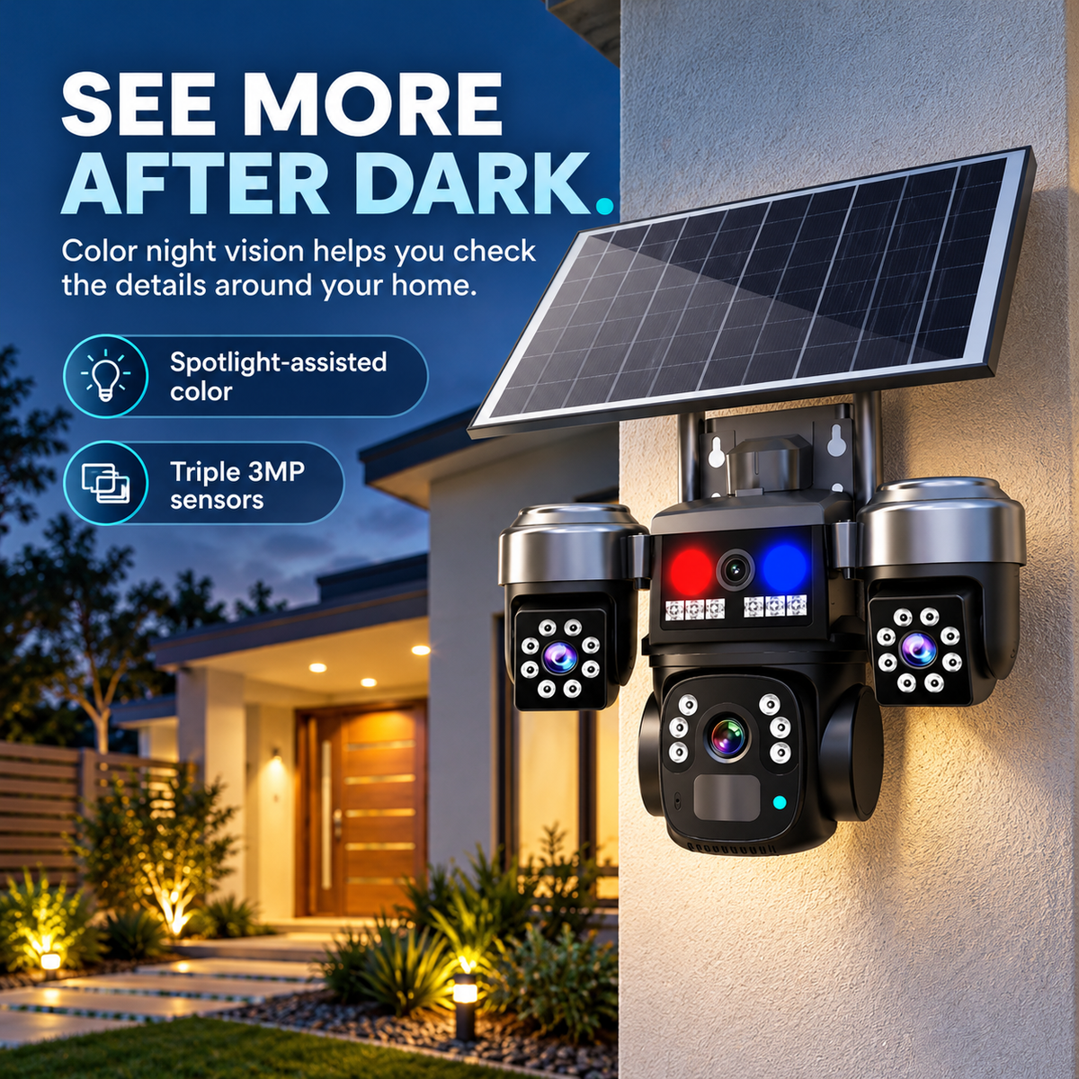 🛡️ 9MP Triple Lens Solar Security Camera - Wireless WiFi & Color Night Vision