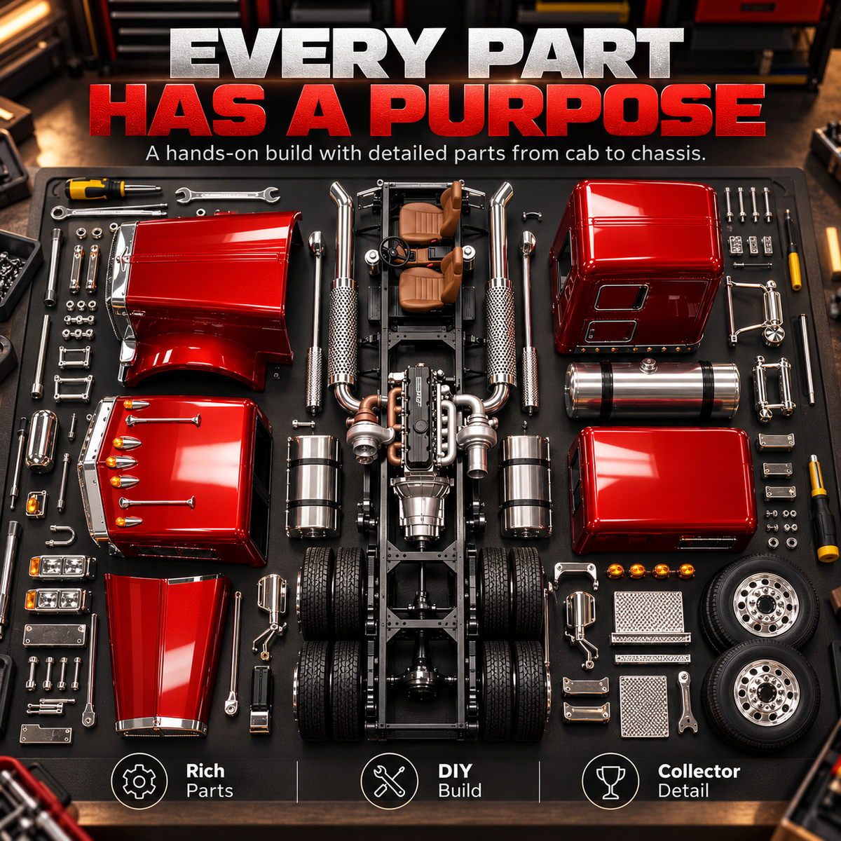 🔥 LAST DAY 49% OFF 🚛 Candy Apple Red Semi Truck Model Kit – Build an American Classic