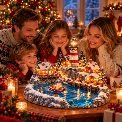 🎄 Lighted Christmas Lighthouse Village – Illuminated Coastal Holiday Decor with Snowy Cottages, Fishing Boat & Warm Christmas Glow ⚓✨