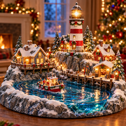 🎄 Lighted Christmas Lighthouse Village – Illuminated Coastal Holiday Decor with Snowy Cottages, Fishing Boat & Warm Christmas Glow ⚓✨