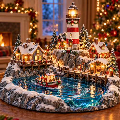 🎄 Lighted Christmas Lighthouse Village – Illuminated Coastal Holiday Decor with Snowy Cottages, Fishing Boat & Warm Christmas Glow ⚓✨