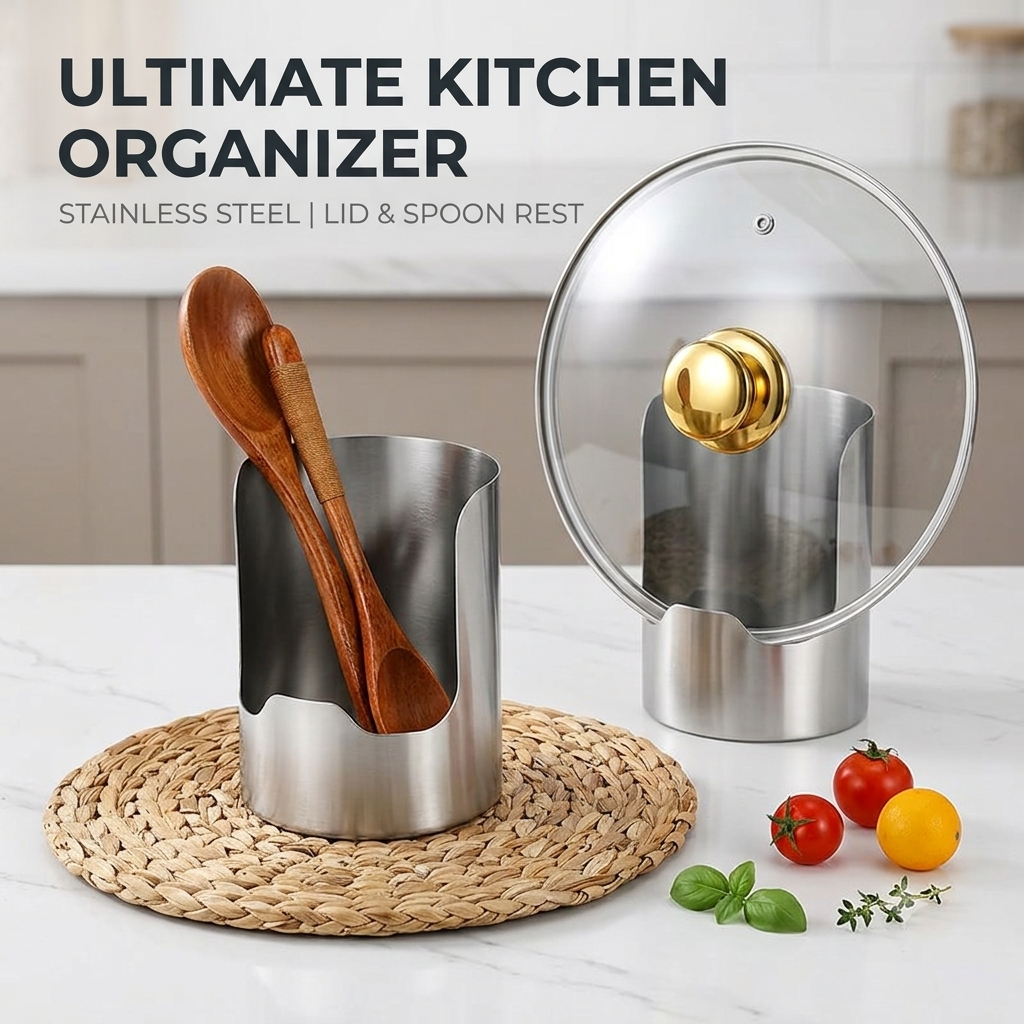 🧑‍🍳 Multi-Functional Kitchen Utensil Holder – Stainless Steel Pot Lid & Utensil Holder for Countertops🛡️✨