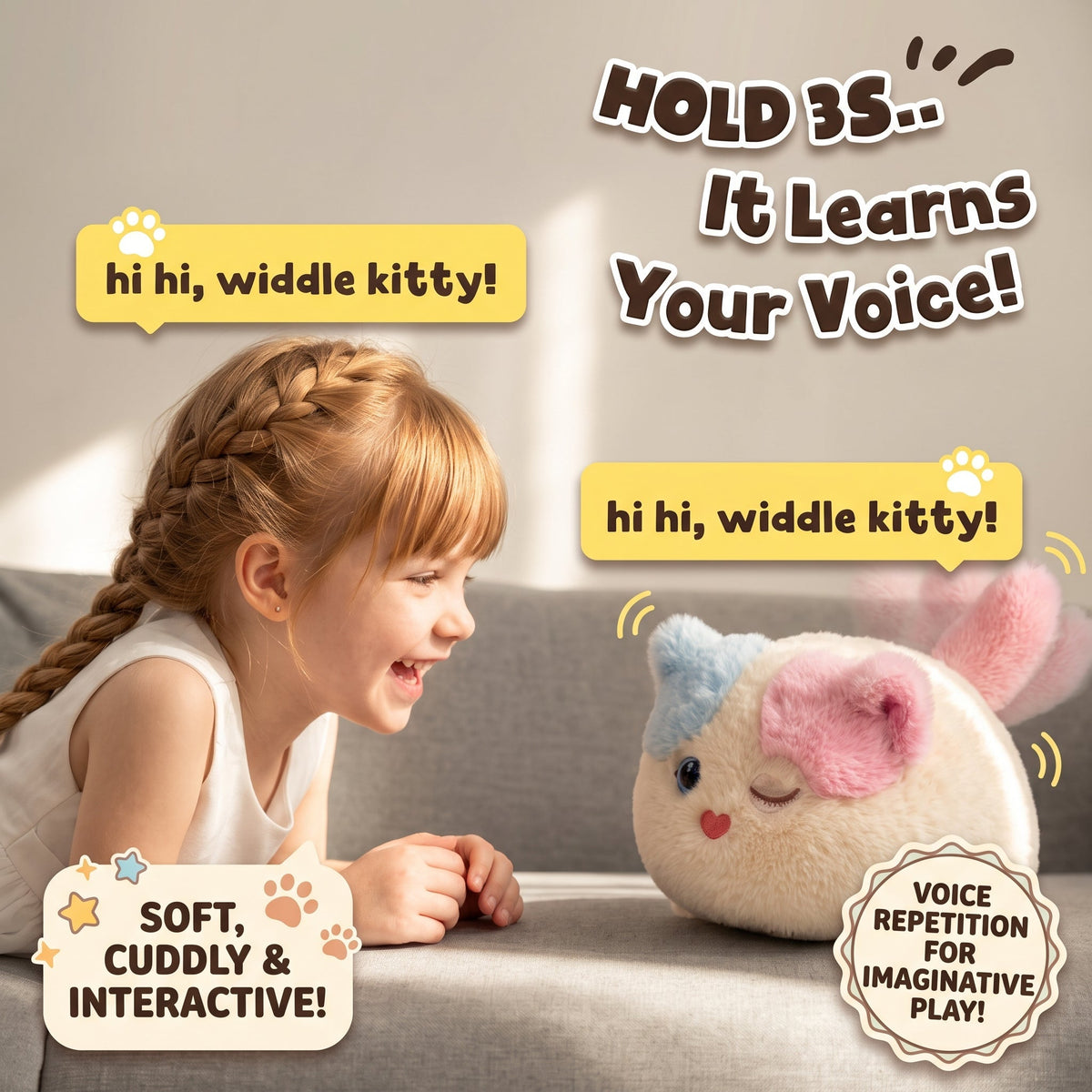 🐱 Interactive Plush Fluffy Kitten Toy with Voice Repeating & Magnetic Pacifier 💗