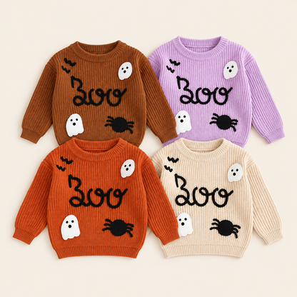 👻Kids Halloween Boo Ghost Knit Sweater – Cute Fall Pullover 🎃