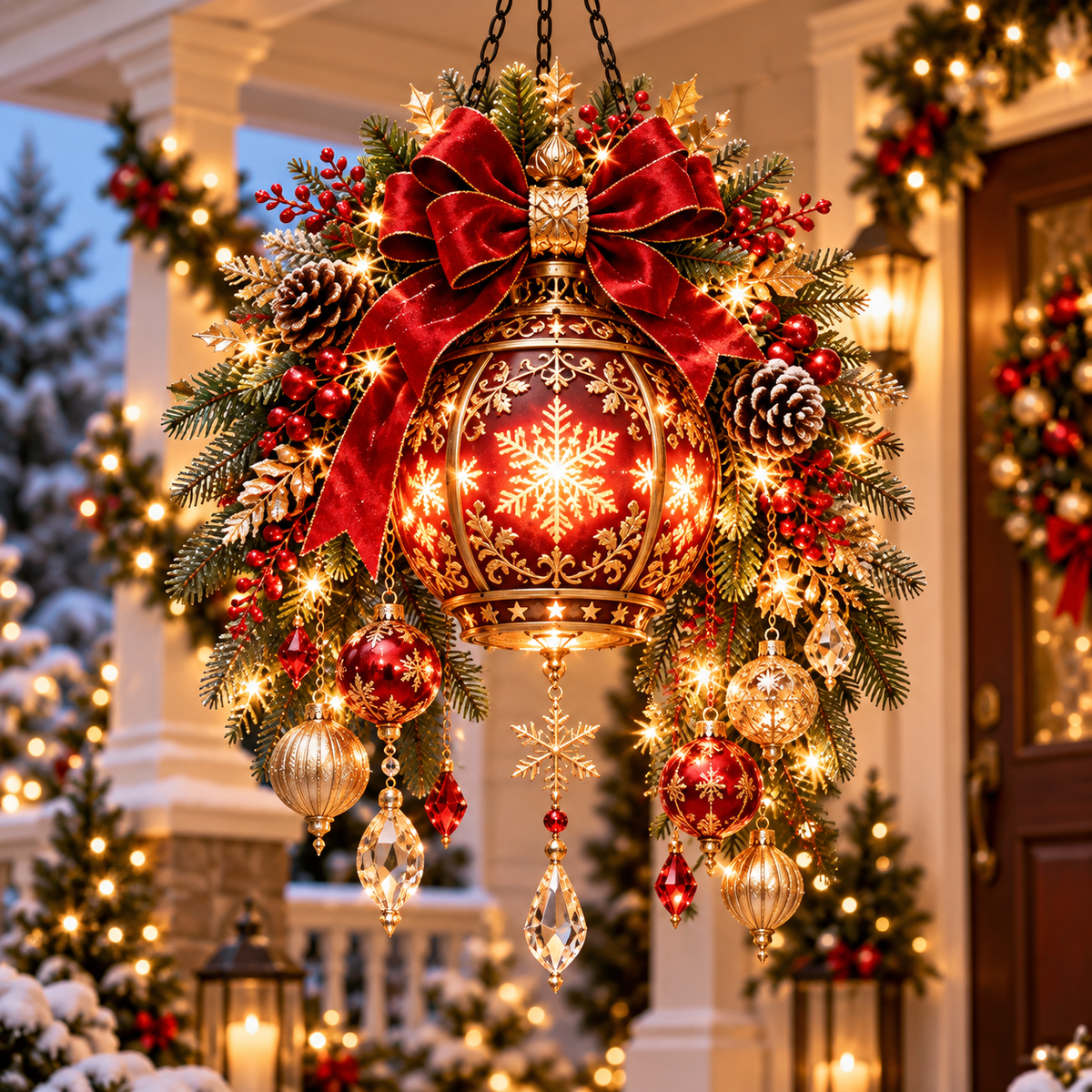 👑🎄Royal Christmas Lantern™ Pre-Lit Festive Red & Gold Hanging Porch Decor✨