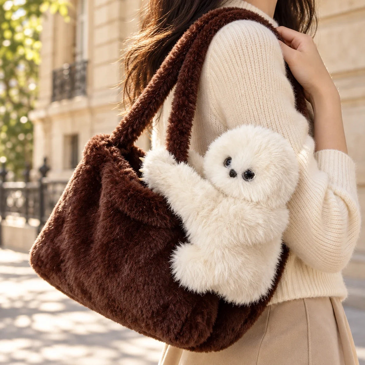 Solis Mirumi Bag Charm — ivory, riding on a shoulder bag