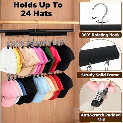 🔥Premium Wooden Hat Organizer with 12 Non-Scratch Stainless Steel Clips - Space Saving Closet Storage for Hats