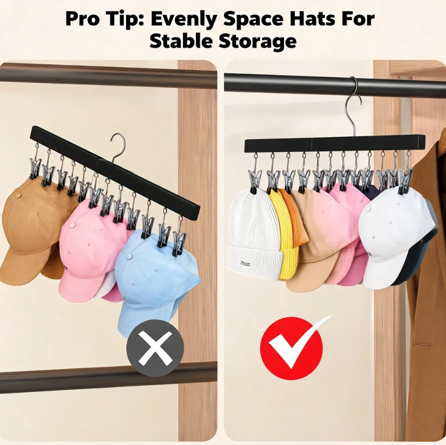 🔥Premium Wooden Hat Organizer with 12 Non-Scratch Stainless Steel Clips - Space Saving Closet Storage for Hats