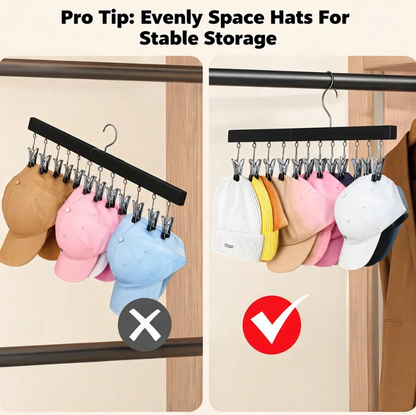 🔥Premium Wooden Hat Organizer with 12 Non-Scratch Stainless Steel Clips - Space Saving Closet Storage for Hats