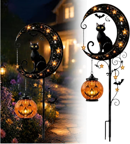 🔥🎃 Solar Black Cat Moon Pumpkin Outdoor Stake Light Transform Your Yard Into A Magical Halloween Wonderland