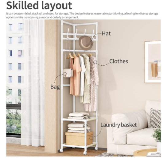🔥 50% OFF Freestanding Corner Garment Rack with Hooks, Shelves & Wheels