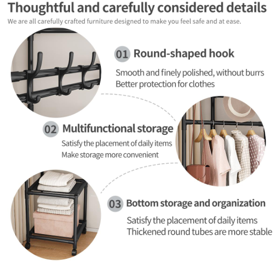 🔥 50% OFF Freestanding Corner Garment Rack with Hooks, Shelves & Wheels