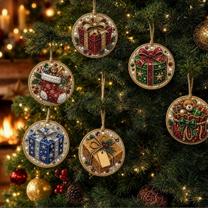 🎄 6-Piece DIY Diamond Painting Wooden Christmas Ornament Kit – Handmade Holiday Tree Decorations