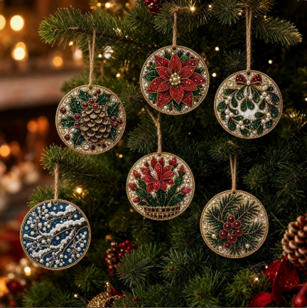 🎄 6-Piece DIY Diamond Painting Wooden Christmas Ornament Kit – Handmade Holiday Tree Decorations