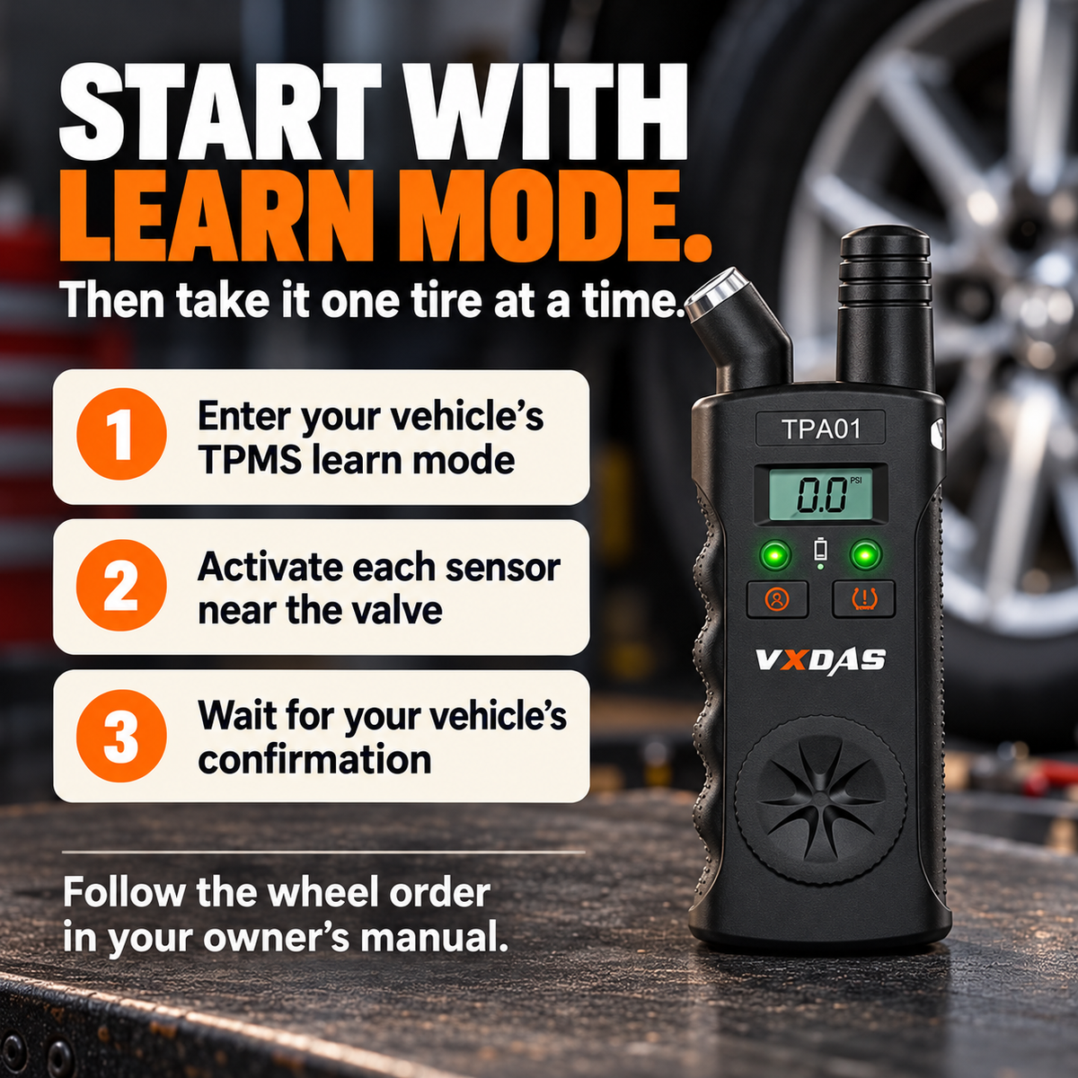 TPMS learn mode and sensor activation steps