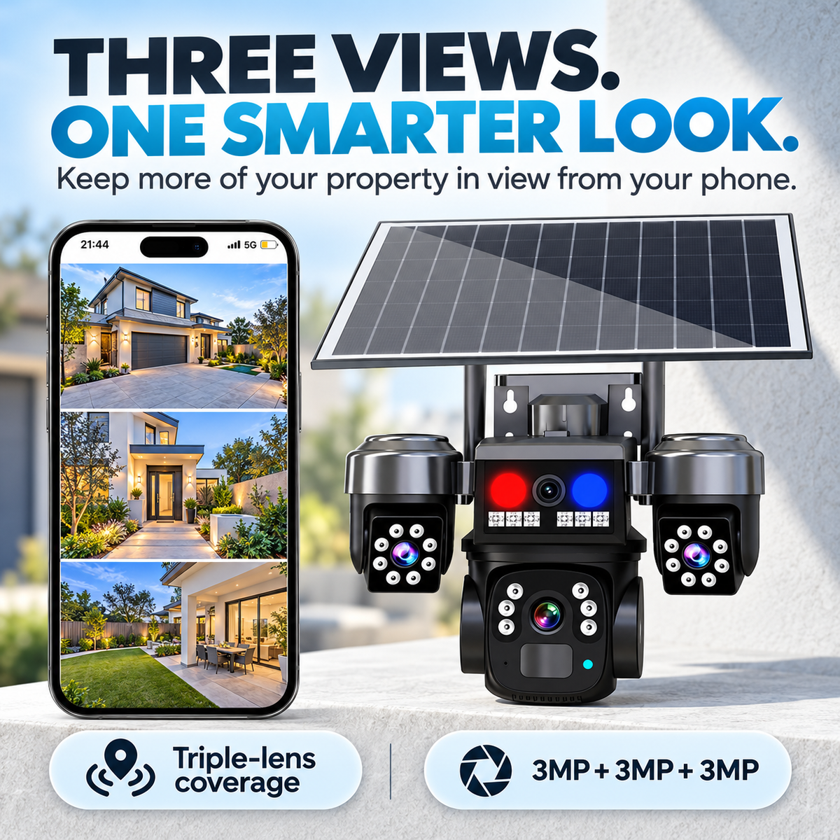 🛡️ 9MP Triple Lens Solar Security Camera - Wireless WiFi & Color Night Vision