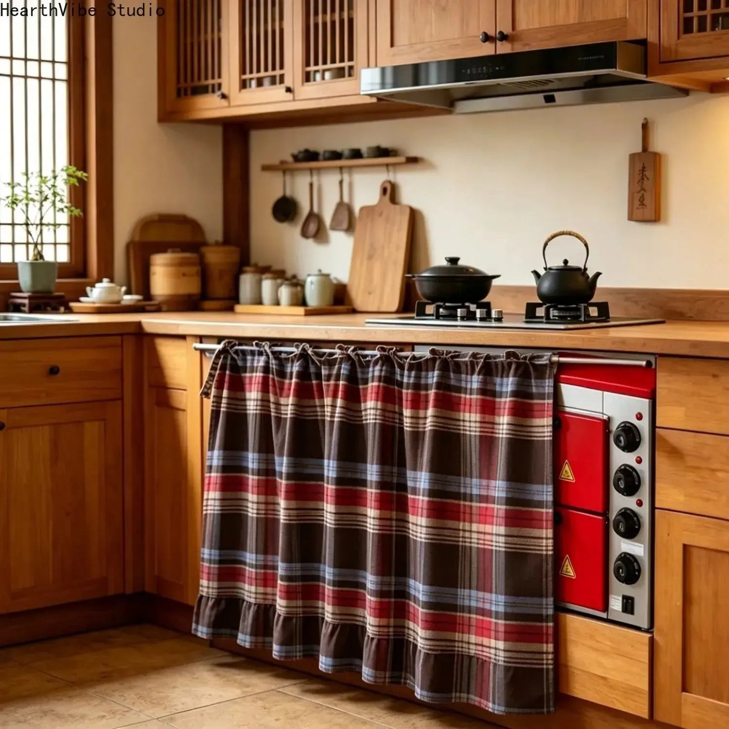 ✨2026 Farmhouse-Style Stove Curtain, Gingham Grid Ruffle-Edge Tier Curtains