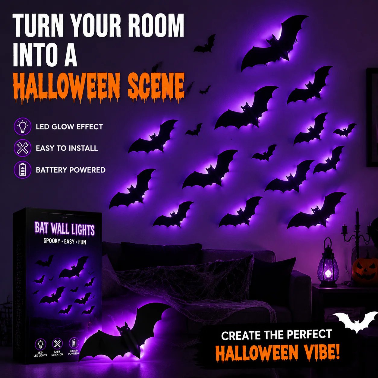 🦇Halloween decorative items - 3D black bat wall stickers with LED lights