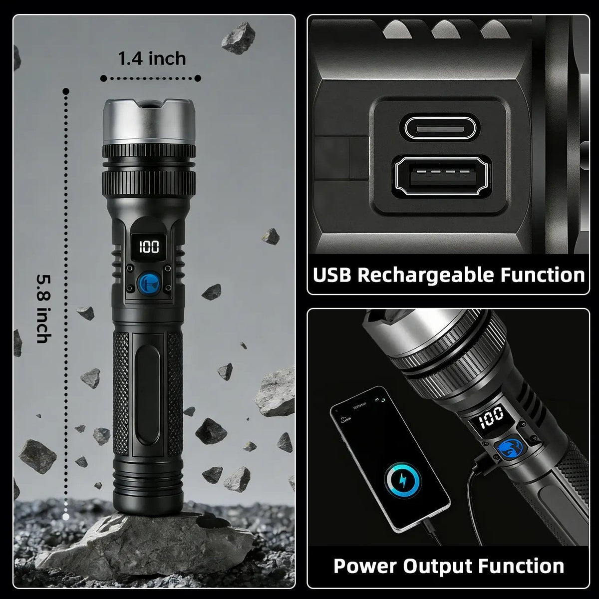 🔦⚡ 2-in-1 Rechargeable High-Power Flashlight – Digital Power Display, Zoomable Beam & Adjustable Brightness