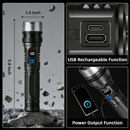 🔦⚡ 2-in-1 Rechargeable High-Power Flashlight – Digital Power Display, Zoomable Beam & Adjustable Brightness