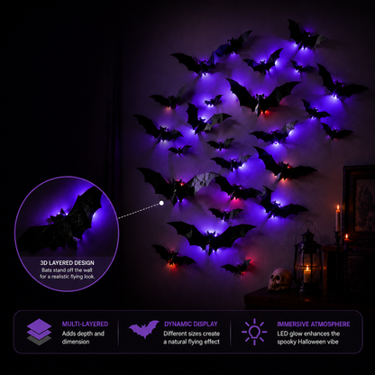 Halloween LED Bat Wall Decor – 3D Glitter Flying Bat Stickers for Spooky Party, Room & Window Decorations