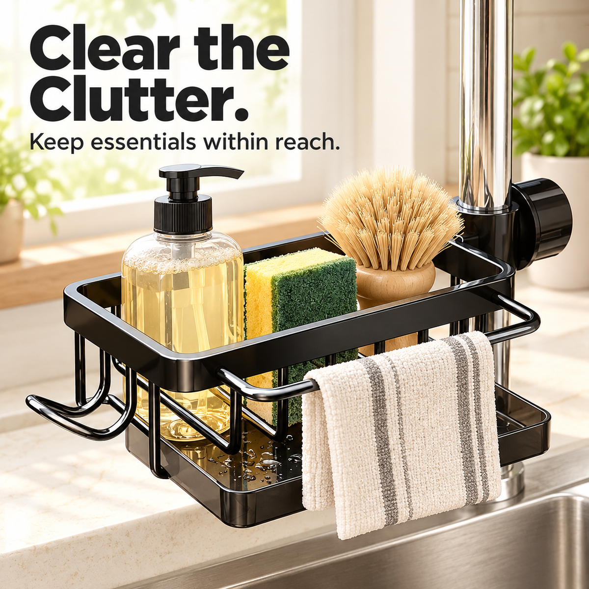 🧽 Faucet-Mounted Kitchen Sink Organizer Rack with Drain Tray & Hanging Hook 💧