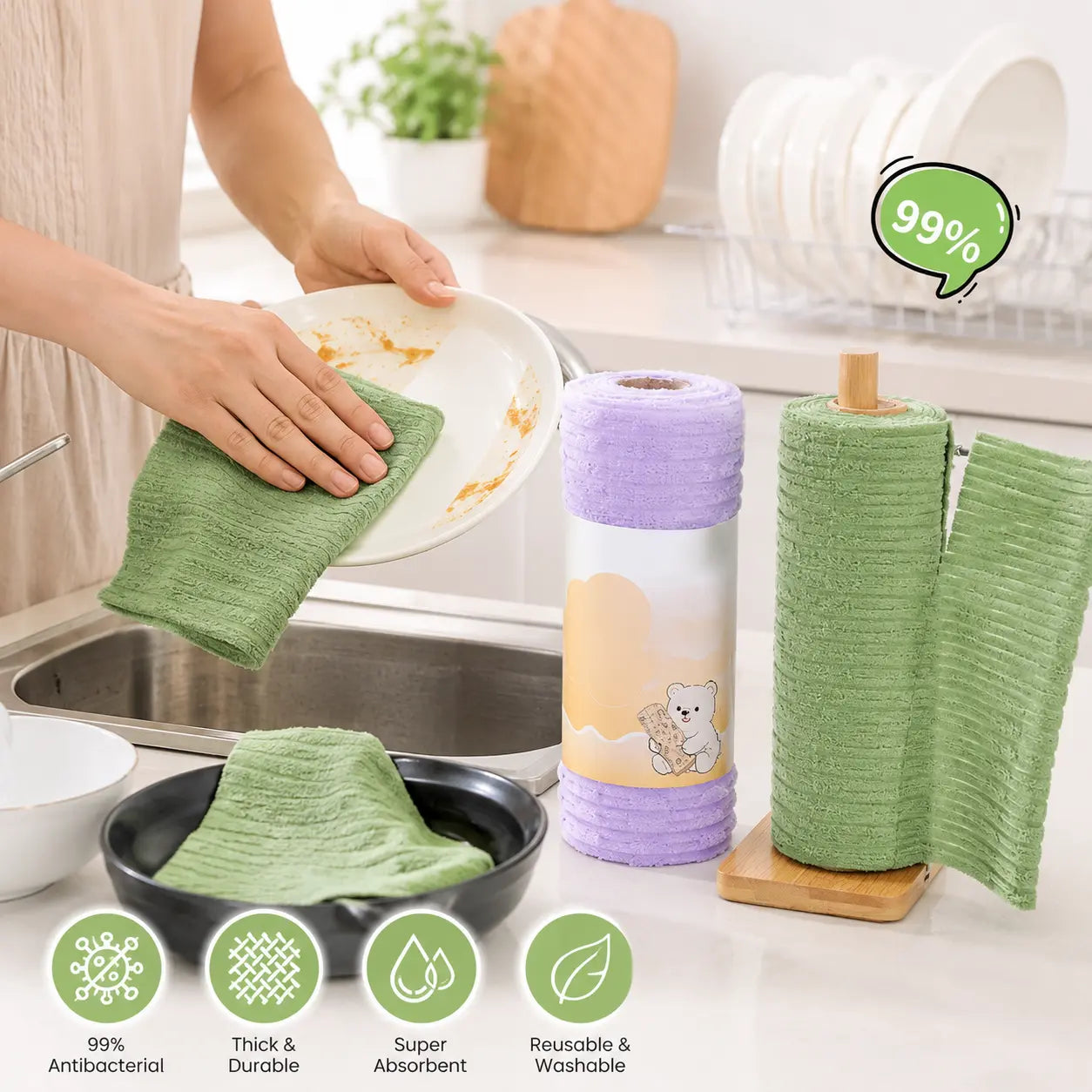 🔥 50% OFF Tearable Reusable Cleaning Cloth Roll 🧽 Washable & Super Absorbent for Kitchen & Home