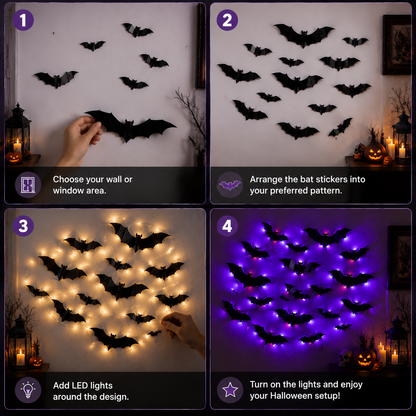 Halloween LED Bat Wall Decor – 3D Glitter Flying Bat Stickers for Spooky Party, Room & Window Decorations