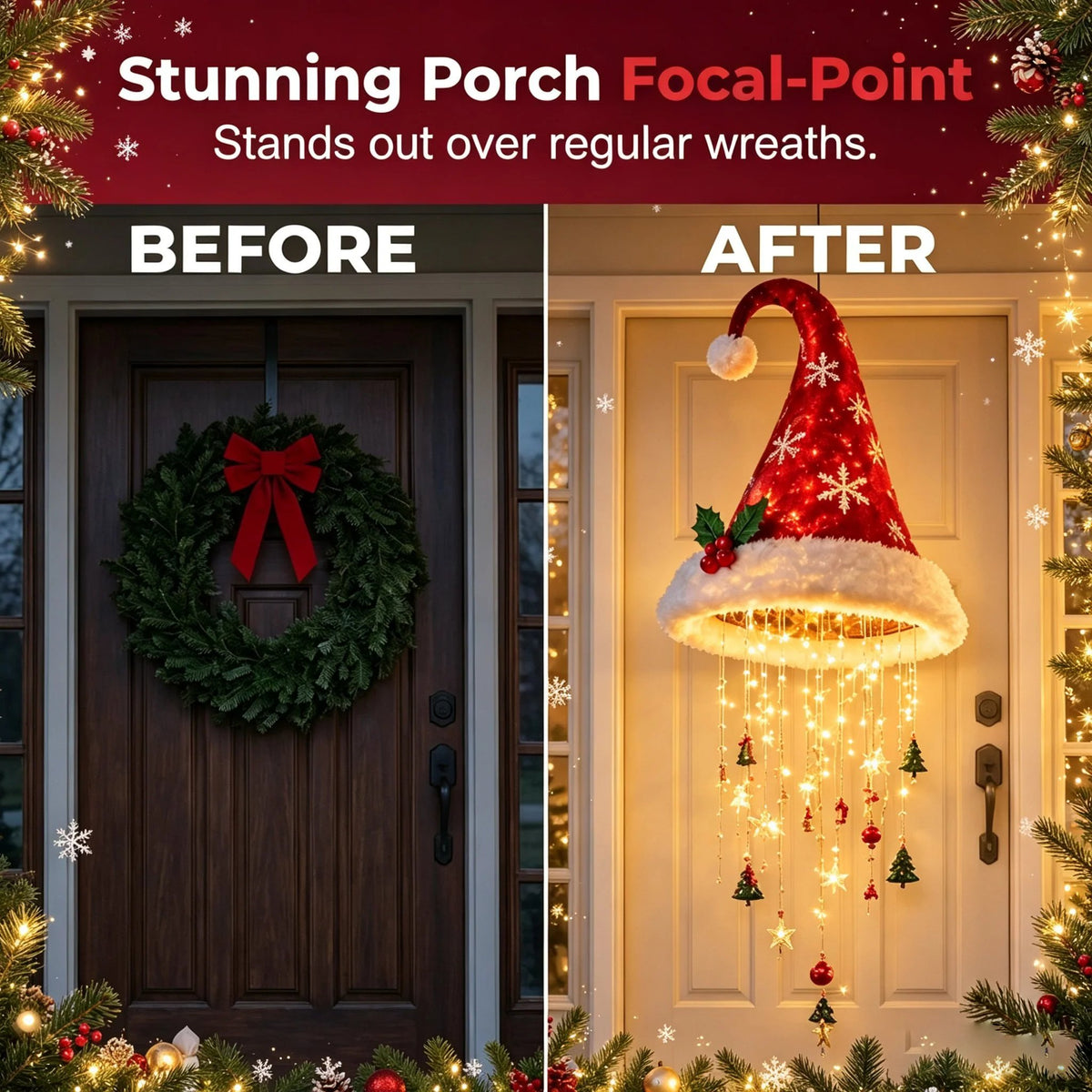 🎅✨Light‐Up Santa Hat Hanging Chandelier, Plush Christmas Pendant Light with Hanging Ornaments, Indoor & Covered Porch Holiday Decoration