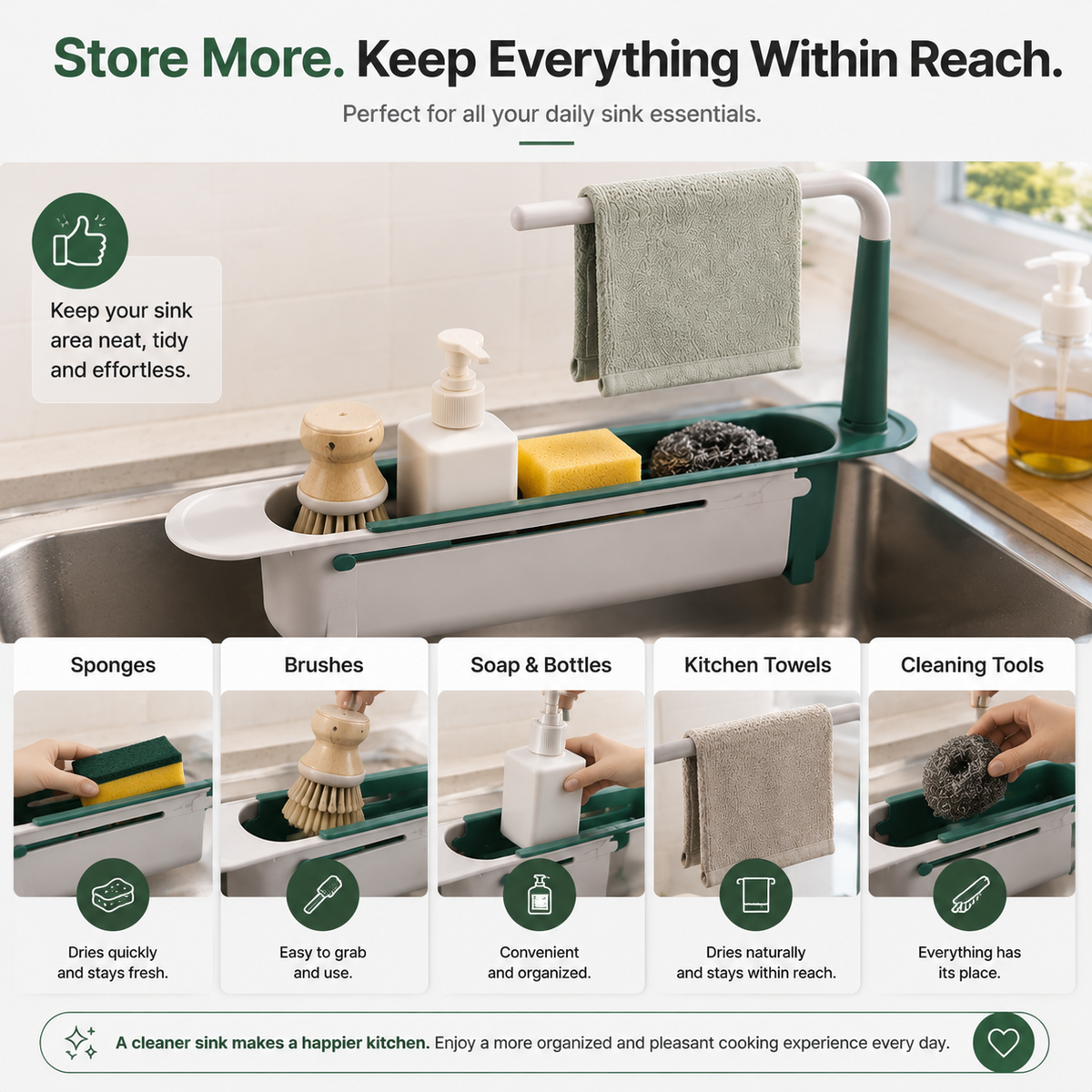 ✨ 49% OFF 🧽 Adjustable Kitchen Sink Organizer – Sponge & Towel Holder for a Clutter-Free Sink