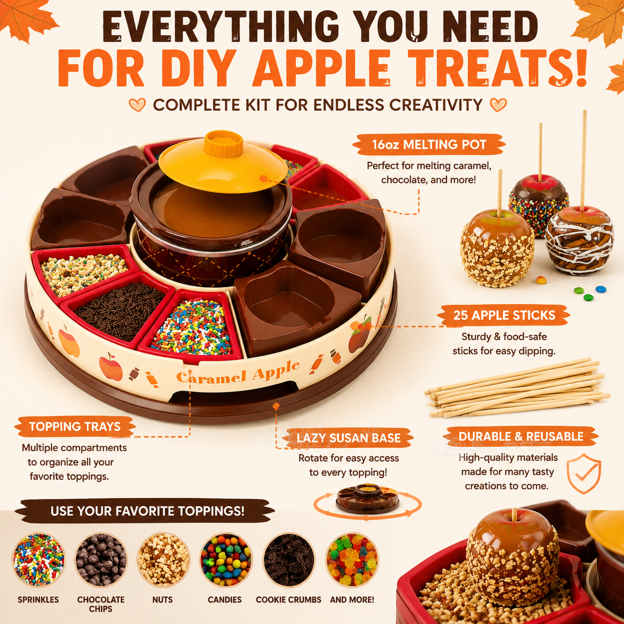 🍎 Caramel Apple Party Kit | Rotating DIY Dessert Station for Fun Family Treat Making